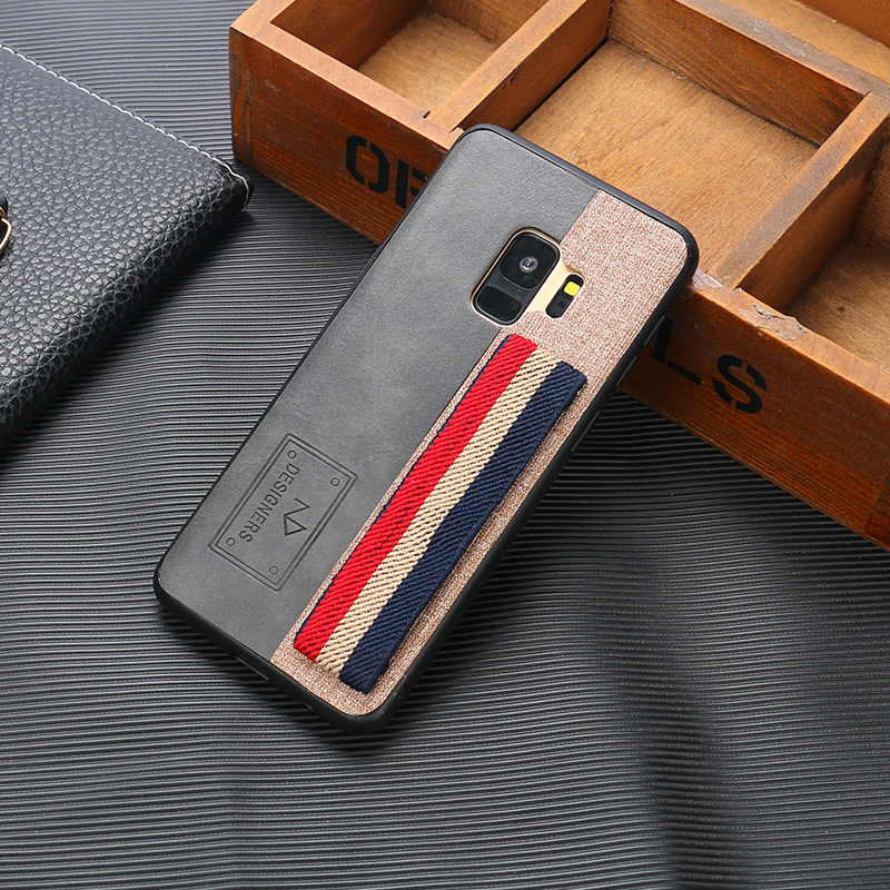 Galaxy S9+ (Plus) Striped Hand Strap Grip Holder PU LEATHER Case (Gray)